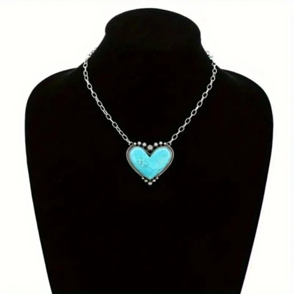 Coastal Beachy Blue Turquoise Silver Chain Pendant Necklace